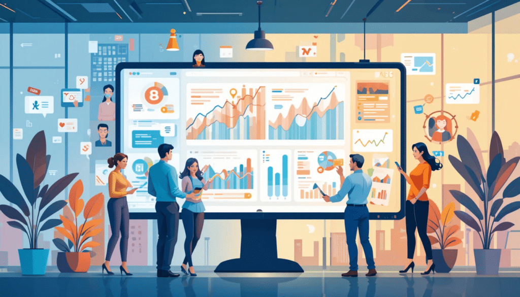 A creative illustration of people working on a large digital screen displaying graphs, social media icons, and analytics. The environment is modern, with a professional yet vibrant color scheme